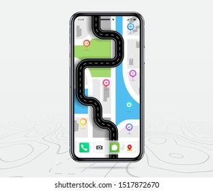 Map GPS navigation app ux ui concept, Mobile map application, Smartphone App search map navigation, Technology map, City navigation maps, City street, gps tracking, Location tracker, Vector