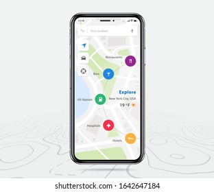 Map GPS navigation app ux ui concept, Mobile map application, Smartphone App search map navigation, Technology map, City navigation maps, City street, gps tracking, Location tracker, Vector