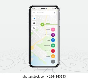 Map GPS navigation app ux ui concept, Mobile map application, Smartphone App search map navigation, Technology map, City navigation maps, City street, gps tracking, Location tracker, Vector