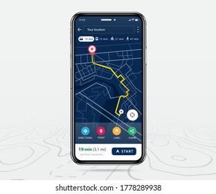 Map GPS navigation app ux ui concept, Mobile map application, Smartphone App search map navigation, Technology map, City navigation maps, City street, gps tracking, Location tracker, Vector