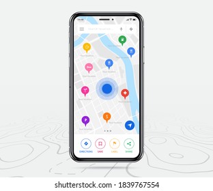 Map GPS navigation app ux ui concept, Mobile map application, Smartphone App search map navigation, Technology map, City navigation maps, City street, gps tracking, Location tracker, Vector