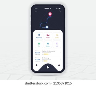 Map GPS navigation app ux ui concept, Mobile map application, Smartphone App search map navigation, Technology map, City navigation maps, City street, gps tracking, Location tracker, Vector
