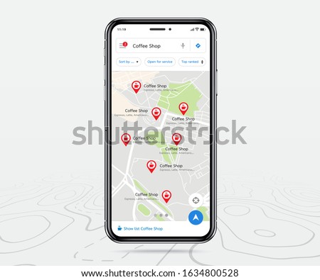 Map GPS navigation app ux ui concept, Mobile map application, Smartphone App search map navigation, Technology map, City navigation maps, City street, gps tracking, Location tracker, Vector