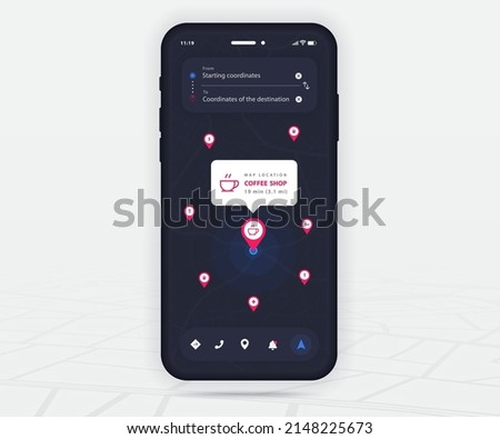 Map GPS navigation app ux ui concept, Mobile map application, Smartphone App search map navigation, Technology map, City navigate maps, City street, gps tracking, Location tracker, Vector illustration
