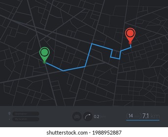 Map GPS navigation. City street map with pins. Route dashboard app. Vector route navigator.