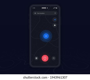 Mapa del modo oscuro de navegación por GPS concepto ux ui, aplicación de mapa de Smartphone y punto azul de destino en pantalla, navegación de mapa de búsqueda de aplicaciones, calle de la ciudad, aplicación de seguimiento de mapa de teléfonos gps, ilustración de vector
