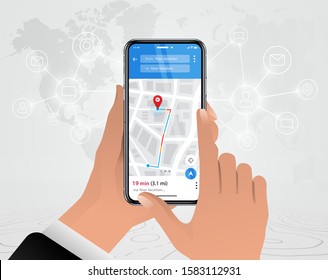 Map GPS navigation finger pressing mobile screen, Smartphone map application and red pinpoint on screen, App search map navigation, isolated on line maps background, Vector