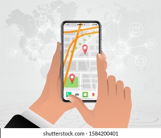 Map GPS navigation finger pressing mobile screen, Smartphone map navigation application and red pinpoint on screen, App search map navigation, isolated on line maps background, Vector illustration