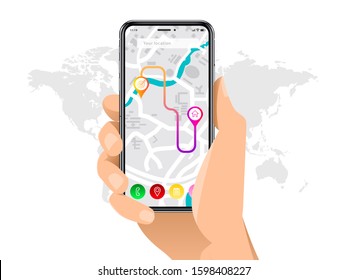Map GPS navigation finger pressing mobile screen, Smartphone map application and red pinpoint on screen, App search map navigation, isolated on line maps background, Vector illustration for design
