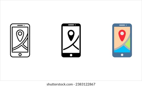 Mapa conjunto de iconos de navegación GPS, aplicación de mapa de Smartphone y punto de conexión rojo en pantalla, navegación de mapa de búsqueda de aplicaciones, ilustración vectorial en fondo blanco