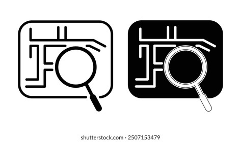  map and GPS navigation icon set, Search Location icon set. find place location pin with magnify glass in root, search for a place on a map icon.