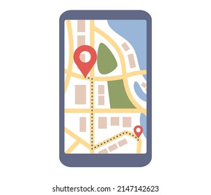 Map GPS navigation icon. Smartphone app with map and red pinpoint on screen. Vector flat illustration