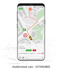 Map GPS Navigation Mockup Screen. Smartphone UI UX KIT Mobile App. Thoughtful And Simple Application Shows Roads, Speed Limit, Time. Application Search Map Navigation, Finish Pinpoint On The Way. 