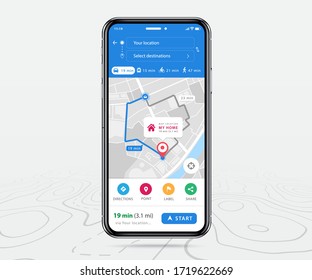 Map GPS navigation, Smartphone map application and destination red pinpoint on screen, App search map navigation, colorful buttons and maps icons, Vector illustration for graphic design