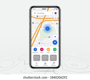 Map GPS navigation, Smartphone map application and pinpoint on screen, App search map navigation, isolated on line maps background, Vector illustration textures technology UI, UX, GUI design