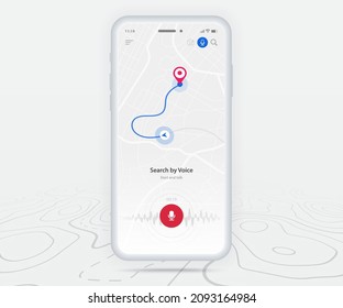 Map GPS navigation, Smartphone map application red pinpoint screen, App search map navigation, Technology map, City navigation maps, City street, gps tracking, Location tracker, Voice search, Vector 