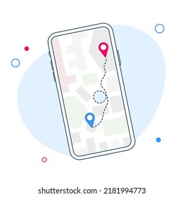 Map GPS navigation. Smartphone map application and red pinpoint on screen. App search map navigation, isolated on line maps background. Vector