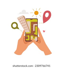 Map GPS navigation, smartphone map application in human hands, flat cartoon vector illustration. Pinpoints and screen, app search map navigation, fingers touching screen in game with route