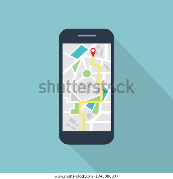 Map GPS navigation, Smartphone map\
application and red pinpoint on screen.Mobile gps navigation and\
tracking concept.Vector\
illustration
