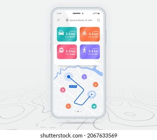 Map GPS navigation ux ui concept, Smartphone map application and destination pinpoint on screen, App search map navigate, Technology map, City navigation maps, City street, tracking, location, Vector