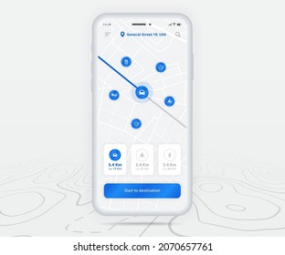 Map GPS navigation ux ui concept, Smartphone map application and destination pinpoint on screen, App search map navigate, Technology map, City navigation maps, City street, tracking, location, Vector