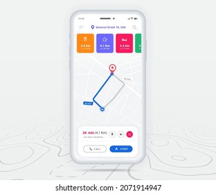 Map GPS navigation ux ui concept, Smartphone map application and destination pinpoint on screen, App search map navigate, Technology map, City navigation maps, City street, tracking, location, Vector