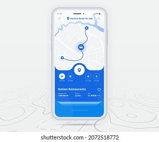 Map GPS navigation ux ui concept, Smartphone map application and destination pinpoint on screen, App search map navigate, Technology map, City navigation maps, City street, tracking, location, Vector
