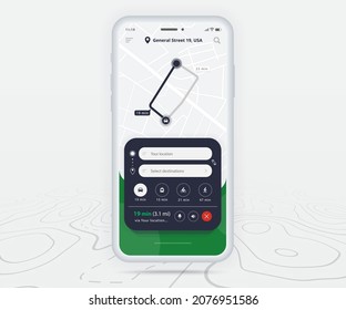 Map GPS navigation ux ui concept, Smartphone map application  destination point on screen, App search map navigate, Technology map, City navigation maps, delivery rider, street, track, location vector