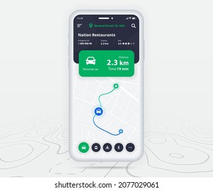 Map GPS navigation ux ui concept, Smartphone map application  destination point on screen, App search map navigate, Technology map, City navigation maps, delivery rider, street, track, location vector