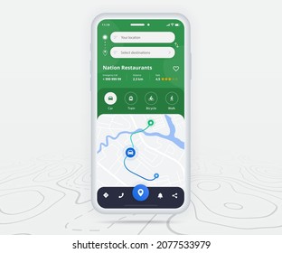Map GPS navigation ux ui concept, Smartphone map application  destination point on screen, App search map navigate, Technology map, City navigation maps, delivery rider, street, track, location vector