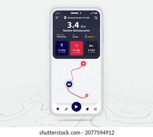 Map GPS navigation ux ui concept, Smartphone map application  destination point on screen, App search map navigate, Technology map, City navigation maps, delivery rider, street, track, location vector