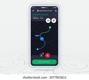 Map GPS navigation ux ui concept, Smartphone map application  destination point on screen, App search map navigate, Technology map, City navigation maps, delivery rider, street, track, location vector