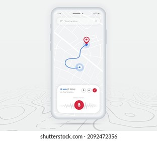 Map GPS navigation ux ui concept, Smartphone map application  destination point on screen, App search map navigate, Technology map, City navigation maps, delivery rider, street, track, location vector