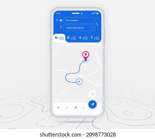 Map GPS navigation ux ui concept, Smartphone map application  destination point on screen, App search map navigate, Technology map, City navigation maps, delivery rider, street, track, location vector