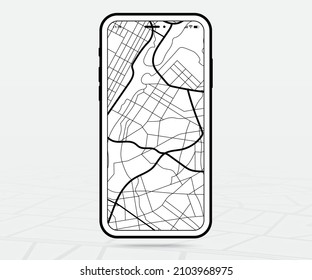 Map GPS navigation ux ui outline, Smartphone map application and destination pinpoint on screen, App search maps navigate, Technology map, City navigation maps, Map icon, tracking, location, Vector