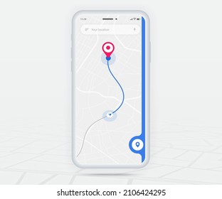 Map GPS navigation ux ui concept, Smartphone map application and destination pinpoint on screen, App search map navigate, Technology map, City navigation maps, City street, tracking, location, Vector