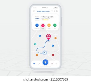 Map GPS navigation ux ui concept, Smartphone map application and destination pinpoint on screen, App search map navigate, Technology map, City navigation maps, City street, tracking, location, Vector