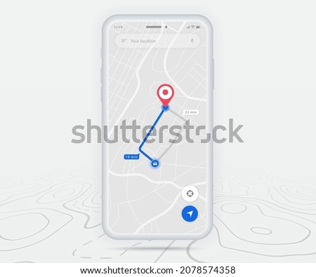 Map GPS navigation ux ui concept, Smartphone map application  destination point on screen, App search map navigate, Technology map, City navigation maps, delivery rider, street, track, location vector