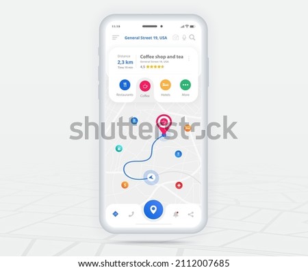 Map GPS navigation ux ui concept, Smartphone map application and destination pinpoint on screen, App search map navigate, Technology map, City navigation maps, City street, tracking, location, Vector