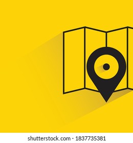 map and gps pin with drop shadow on yellow background