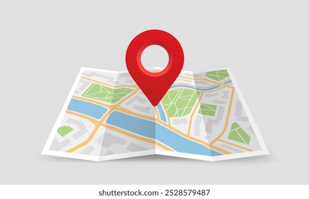 Map with GPS pin. Navigation and direction. City map with infrastructure. Travel and tourism. Journey and adventure. Guide for tourists. Isometric vector illustration isolated on beige background