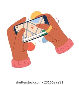 Map with gps pin on smartphone app. Vector image of cellphone application for navigation. Flat roadmap with marker on street. Screen with pinpoint and direction. Navigate interface. Delivery route