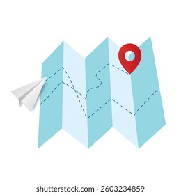 Map with GPS pin with paper airplane. Navigation and direction. Travel and tourism. Journey and adventure. Guide for tourists.
