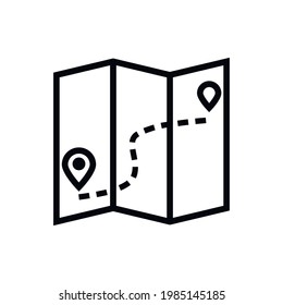 A map with GPS pins and a plotted route from one place to another. Vector icon of travel, navigation. Black outline isolated on a white background.