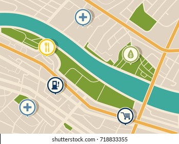 Map with gps pointers for park and shop, hospital