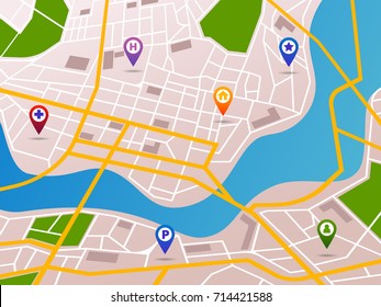 Map with gps pointers and route or itinerary with arrow. Road to direction with marked streets. Pin on navigation map with path. Travel and location information, transport and search theme