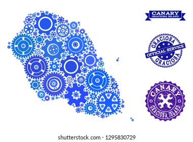 Map of Graciosa Island created with blue cog symbols, and isolated rubber stamps for official repair services. Vector abstract collage of map of Graciosa Island with technical symbols in blue hues.
