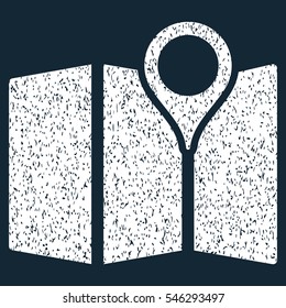 Map grainy textured icon for overlay watermark stamps. Flat symbol with dirty texture. Dotted vector white ink rubber seal stamp with grunge design on a dark blue background.