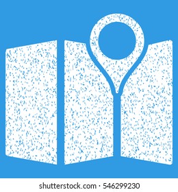 Map grainy textured icon for overlay watermark stamps. Flat symbol with dust texture. Dotted vector white ink rubber seal stamp with grunge design on a blue background.