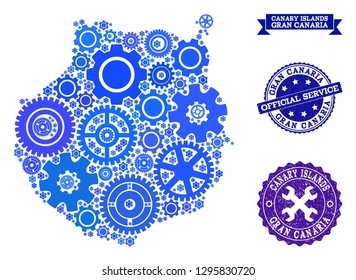 Map of Gran Canaria composed with blue gear symbols, and isolated rubber stamps for official repair services. Vector abstract mosaic of map of Gran Canaria with repair symbols in blue color tinges.